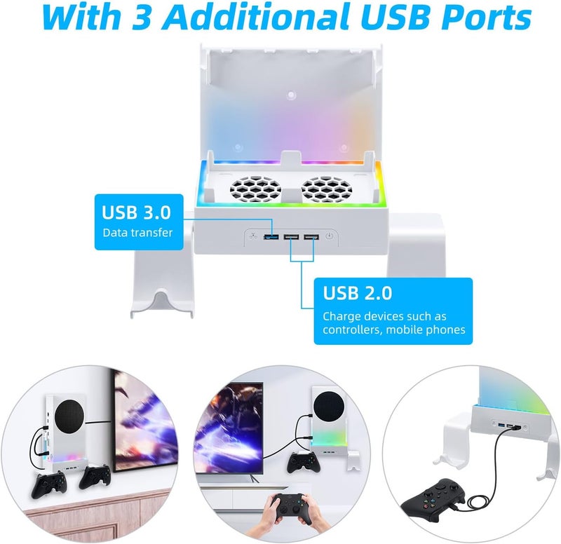 Mcbazel حامل جداري لجهاز Xbox Series S، مجموعة ملحقات الحامل الجداري مع مروحتين تبريد مزدوجتين وضوء RGB، قاعدة قابلة للتعديل بسرعة 3، منافذ USB إضافية، حاملين للتحكم لجهاز Xbox Series S - أبيض - Image 3